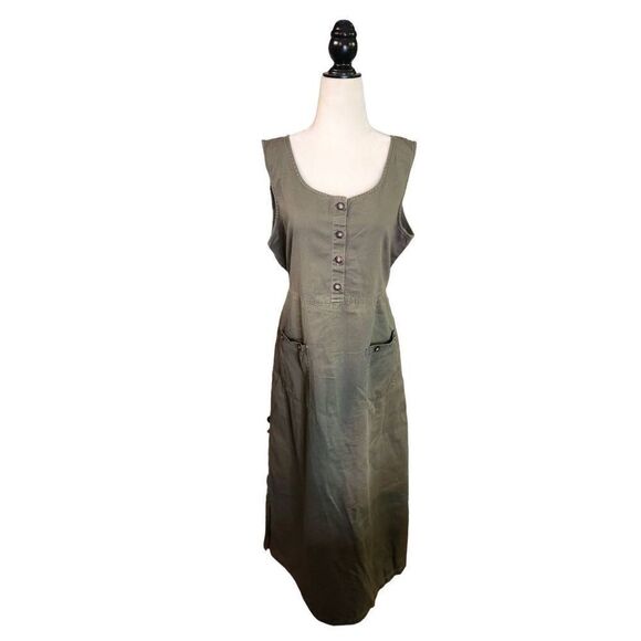 90s Vintage Cargo Dress Khaki Green Pockets Button Front Maxi Cotton Tie Back16 - Picture 1 of 6